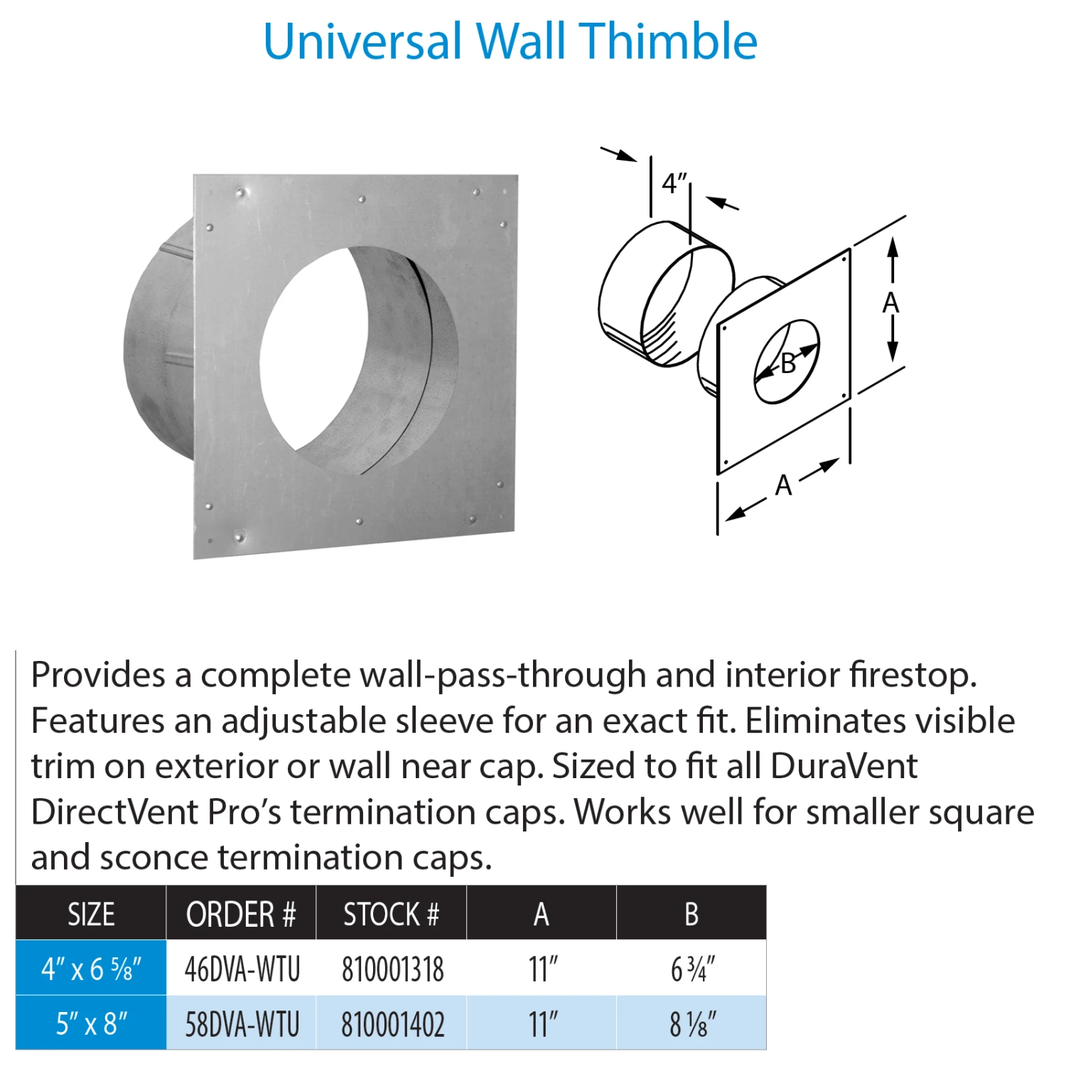 DuraVent Direct Vent Pro Universal Wall Thimble Direct Vent Pipe For Gas Fireplaces & Gas Stoves - 58DVA-WTU - Image 2