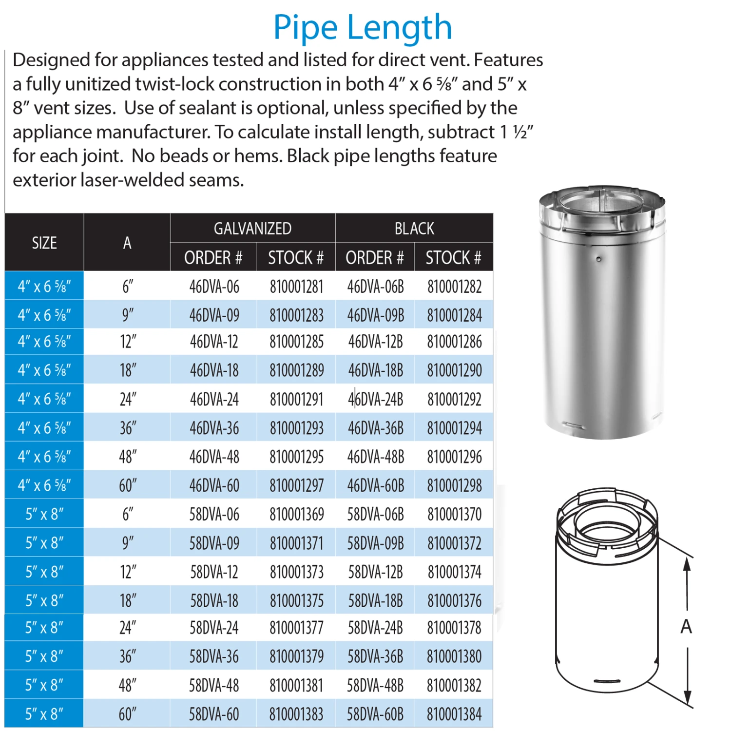 DuraVent DirectVent Pro 9 Inch Pipe Length - Galvanized Direct Vent Pipe For Gas Fireplaces & Gas Stoves - 58DVA-09 - Image 2