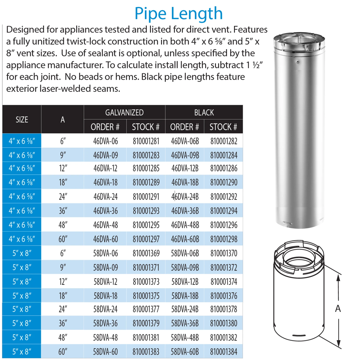 DuraVent DirectVent Pro 48 Inch Pipe Length - Galvanized Direct Vent Pipe For Gas Fireplaces & Gas Stoves - 46DVA-48 - Image 2