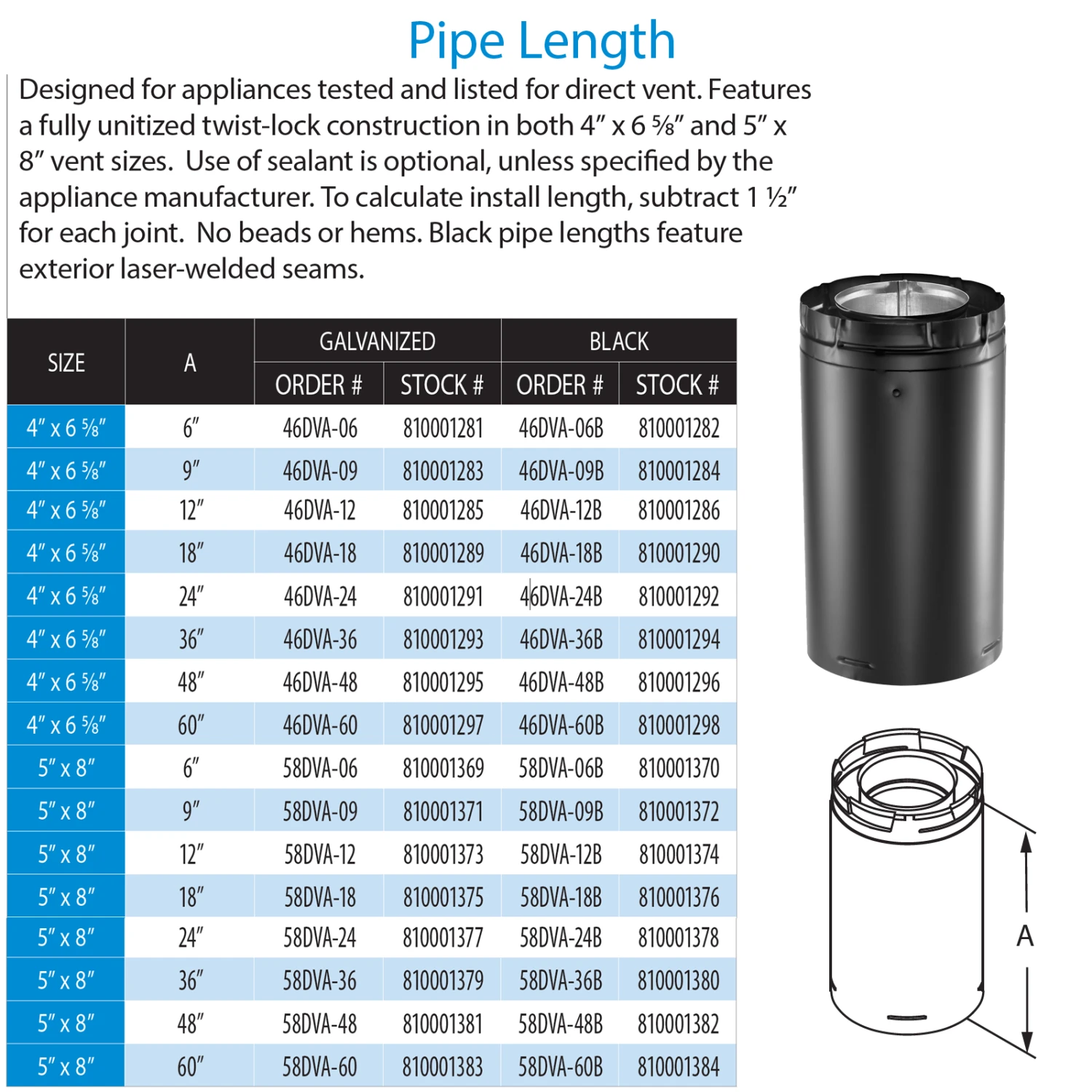 DuraVent DirectVent Pro 18 Inch Pipe Length - Black Direct Vent Pipe For Gas Fireplaces & Gas Stoves - 58DVA-18B - Image 2