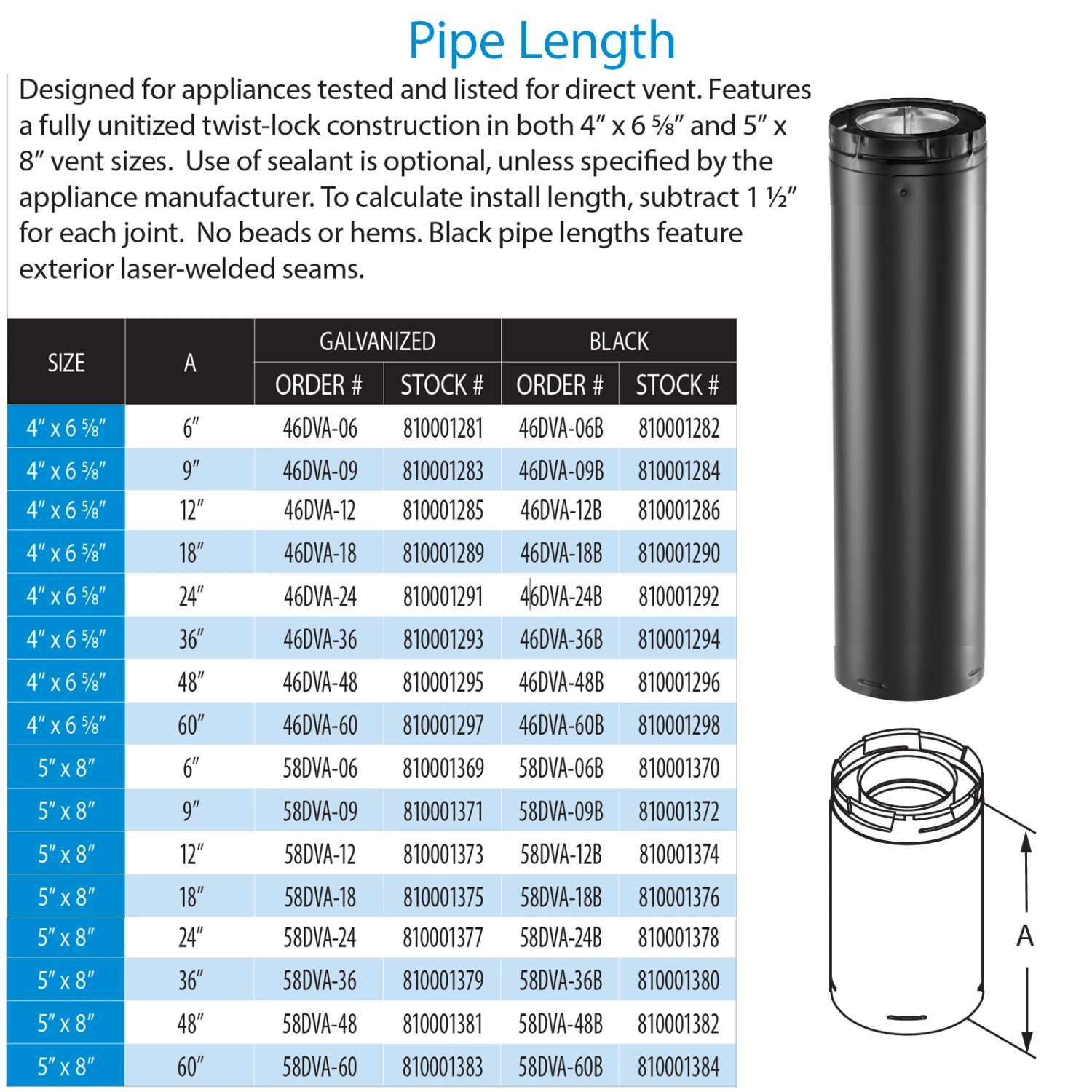 DuraVent DirectVent Pro 48 Inch Pipe Length - Black Direct Vent Pipe For Gas Fireplaces & Gas Stoves - 46DVA-48B - Image 2