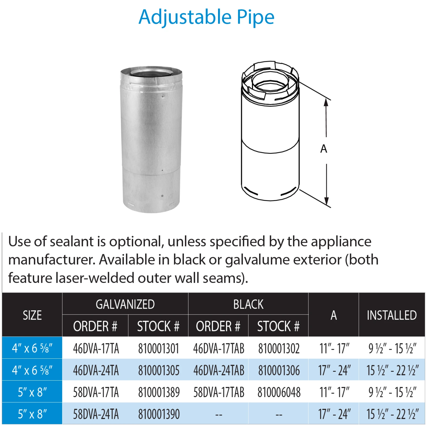 DuraVent DirectVent Pro 17-24 Inch Adjustable Pipe - Galvanized Direct Vent Pipe For Gas Fireplaces & Gas Stoves - 58DVA-24TA - Image 2