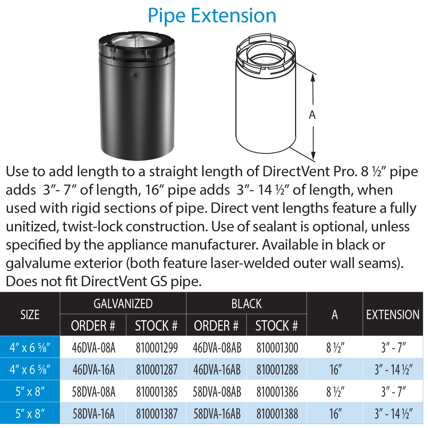 DuraVent DirectVent Pro 16 Inch Adjustable Pipe Length - Black Direct Vent Pipe For Gas Fireplaces & Gas Stoves - 58DVA-16AB - Image 2