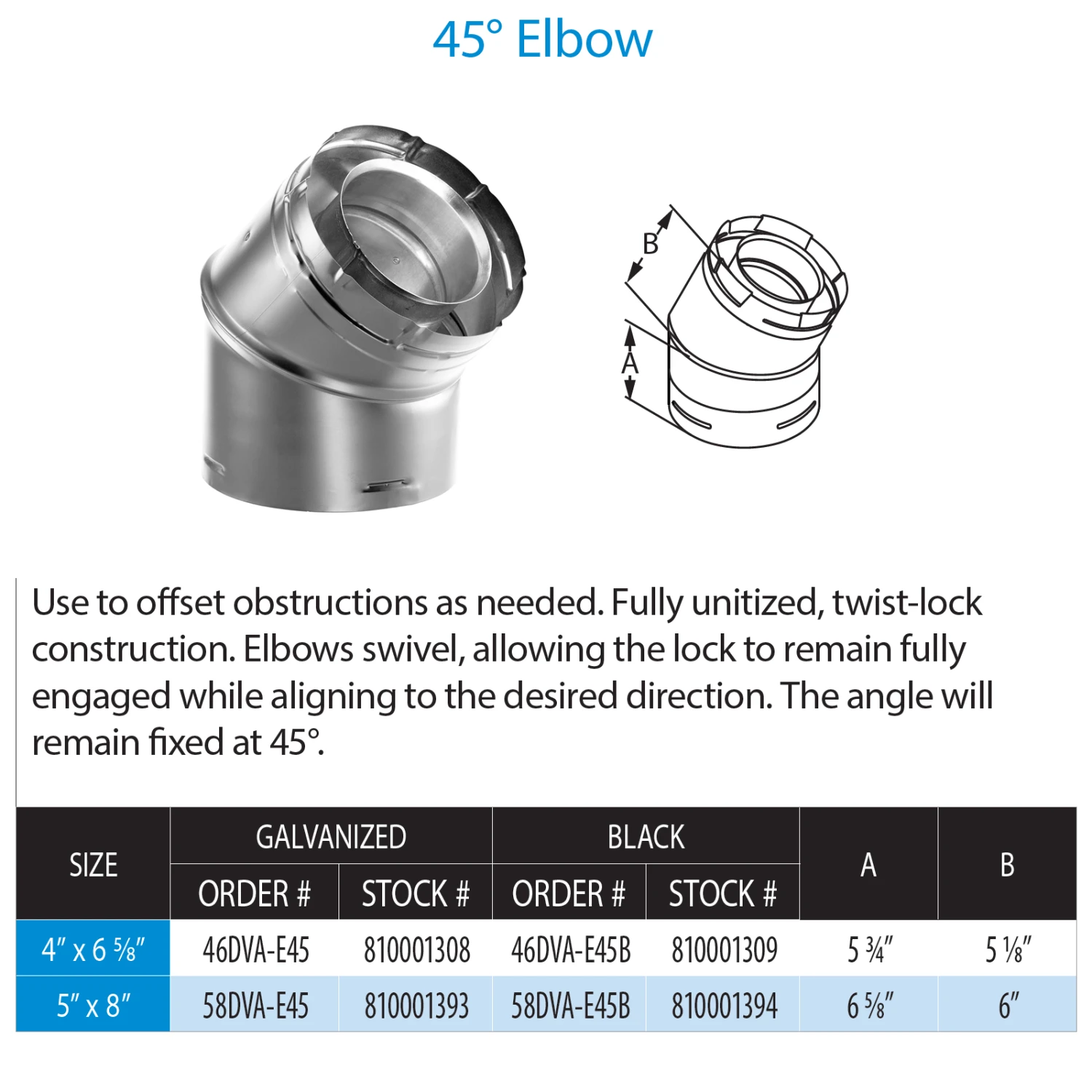 DuraVent DirectVent Pro Elbow Swivel - Galvanized Direct Vent Pipe For Gas Fireplaces & Gas Stoves - 46DVA-E45 - Image 2