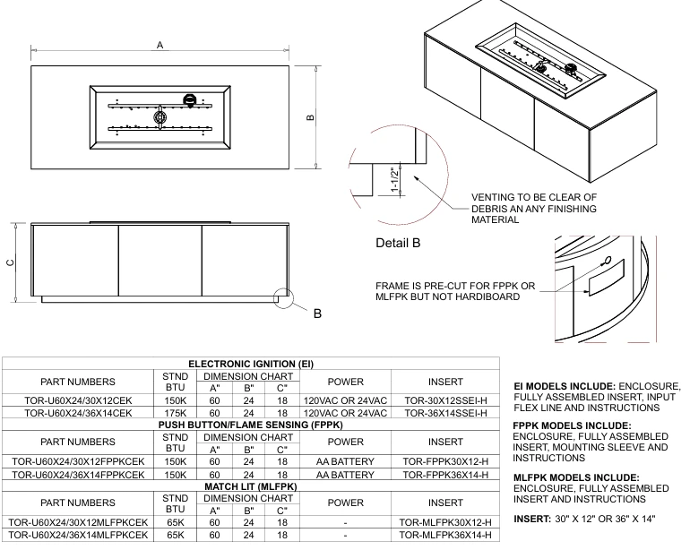 HPC 36 Inch RectangleMatch Lit Ignition Torpedo H-Burner Outdoor Gas Firepit - TOR-U60X24/36X14MLFPKCEK - Image 2